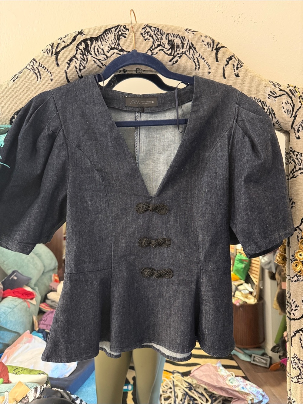 Zara Dark Navy Denim Puff Sleeve Peplum top